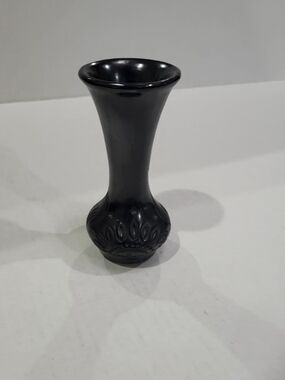 Small Carved Oaxaca Barro Negro, Handmade Black Clay Pottery Glossy Vase